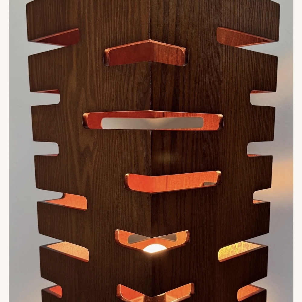 Wooden Geometric Table Lamp with Orange Glow
